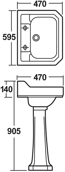 Technical image of Crown Ceramics Carlton 600mm Basin & Pedestal (2 Tap Holes).