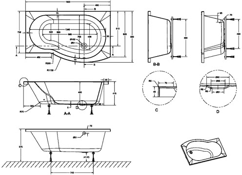 Technical image of Crown Suites 1500mm Shower Bath Suite, Toilet & Basin (Right Handed).