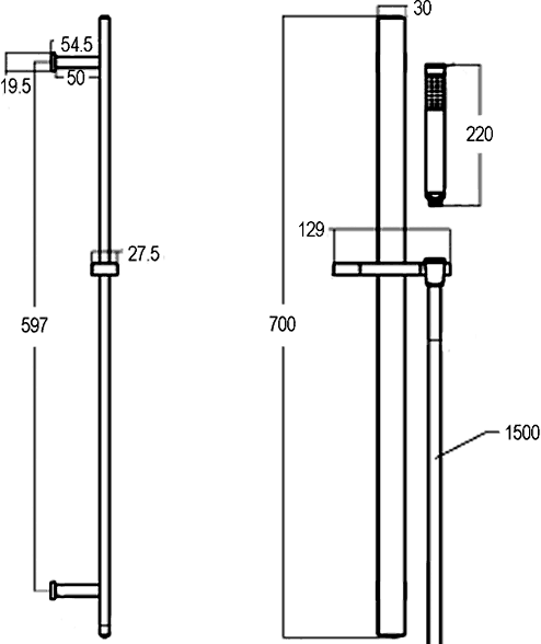 Technical image of Crown Rectangular Slide Rail Kit With Shower Handset & Hose (Chrome).