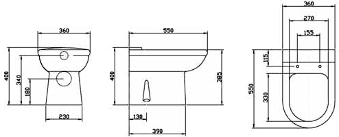 Technical image of Crown Ceramics Otley Suite With Back To Wall Pan, Seat, Recessed Basin.