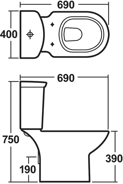 Technical image of Crown Ceramics Otley 4 Piece Bathroom Suite With Toilet & 500mm Basin.
