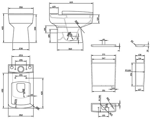 Technical image of Crown Ceramics Bliss 4 Piece Bathroom Suite With Toilet & 600mm Basin.