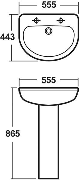 Technical image of Crown Ceramics Ivo 4 Piece Bathroom Suite With 550mm Basin (2 Tap Holes).