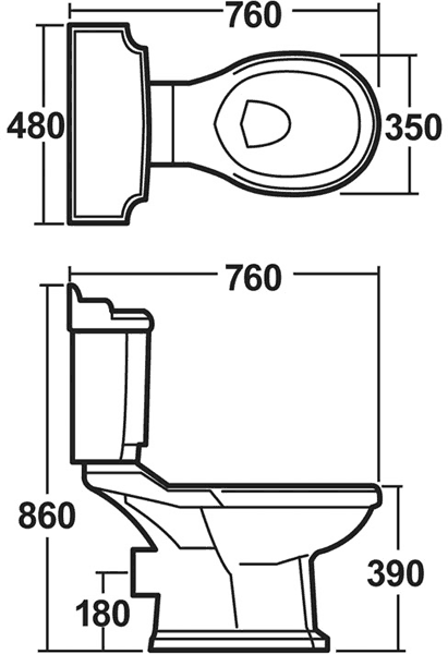 Technical image of Crown Ceramics Legend 4 Piece Bathroom Suite, 580mm Basin (2 Tap Holes).