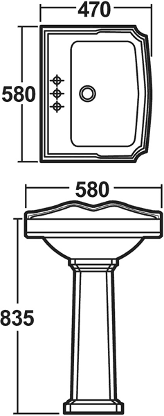 Technical image of Crown Ceramics Legend 4 Piece Bathroom Suite, 580mm Basin (2 Tap Holes).