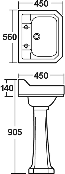 Technical image of Crown Ceramics Carlton 4 Piece Bathroom Suite, 560mm Basin (2 Tap Holes).