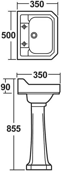 Technical image of Crown Ceramics Carlton 4 Piece Bathroom Suite, 500mm Basin (2 Tap Holes).