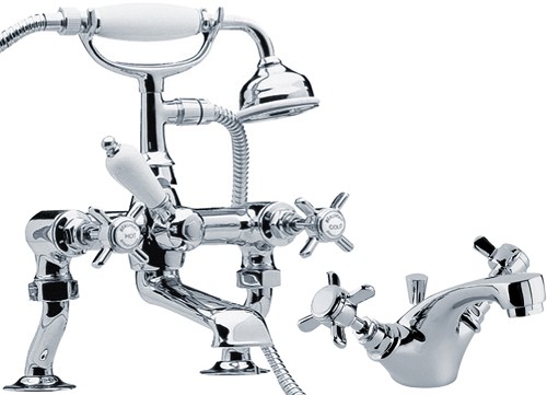 Larger image of Crown Traditional Basin & Bath Shower Mixer Tap Set (Chrome).
