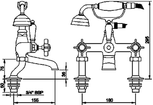 Technical image of Crown Traditional Basin & Bath Shower Mixer Tap Set (Chrome).