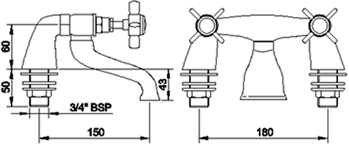 Technical image of Crown Traditional Basin & Bath Filler Tap Set (Chrome).