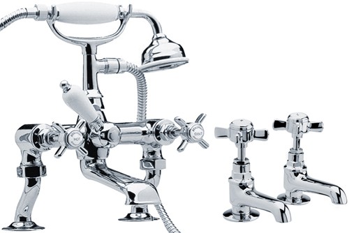 Larger image of Crown Traditional Basin Taps & 3/4" Bath Shower Mixer Tap Set (Chrome).