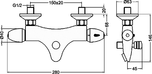 Technical image of Crown Taps Wall Mounted Thermostatic Bath Shower Mixer Tap.