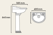 Technical image of Waterford Finesse 2 Tap Hole Cloakroom Basin and Pedestal.