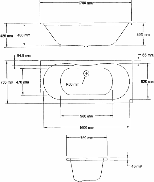 Technical image of Monte Carlo White double ended bath. 1700 x 750mm. Legs included.