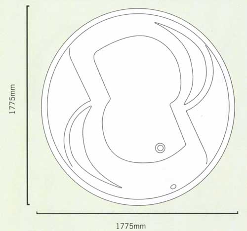 Technical image of Shires Apollo acrylic circular bath with no tap holes.  1775mm diameter.