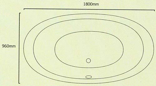 Technical image of Shires 1800 x 960mm Gomera acrylic oval bath with no tap holes.