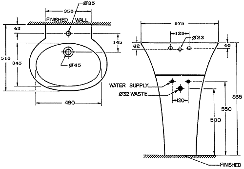 Technical image of AKA 1 Tap Hole Basin and Pedestal.