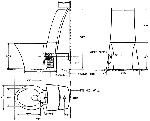 Technical image of AKA WC Toilet with seat, push flush cistern and fittings.
