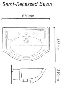Technical image of Arcade Semi-Recessed Basin. 670 x 485mm.