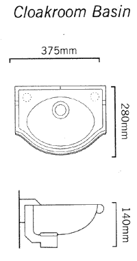 Technical image of Arcade 2 Tap Hole Wall Hung Cloakroom Basin. 375 x 280mm.