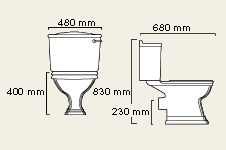 Technical image of Avondale WC with cistern and fittings