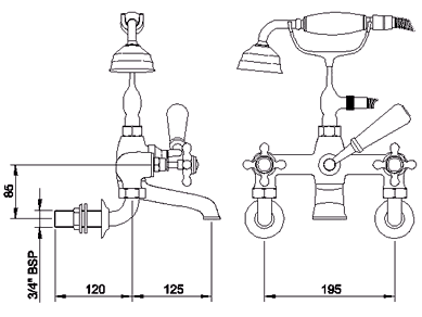 Technical image of Hudson Reed Topaz Wall mounted bath shower mixer (Chrome)