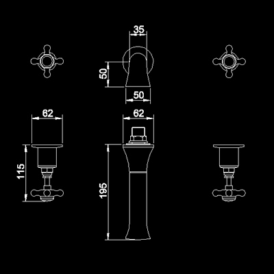 Technical image of Hudson Reed Topaz 3 tap hole wall mounted bath mixer tap