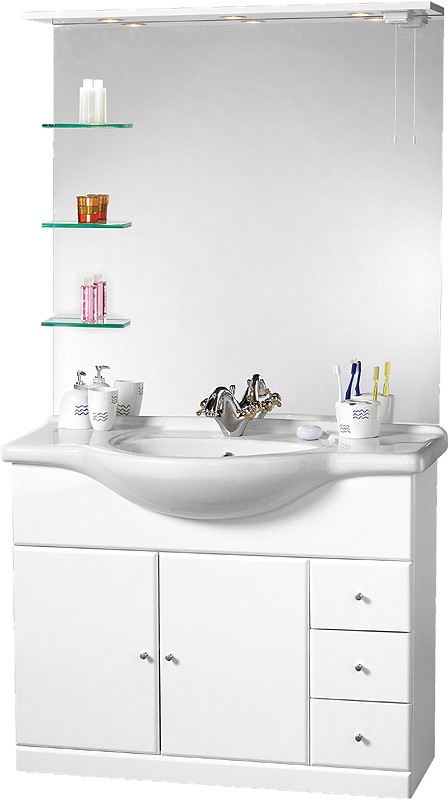 Larger image of daVinci 1050mm Contour Vanity Unit with ceramic basin, mirror and shelves.