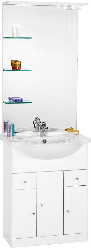 Larger image of daVinci 650mm Contour Vanity Unit with ceramic basin, mirror and shelves.