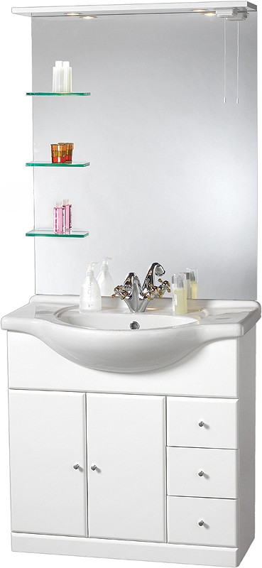 Larger image of daVinci 850mm Contour Vanity Unit with ceramic basin, mirror and shelves.