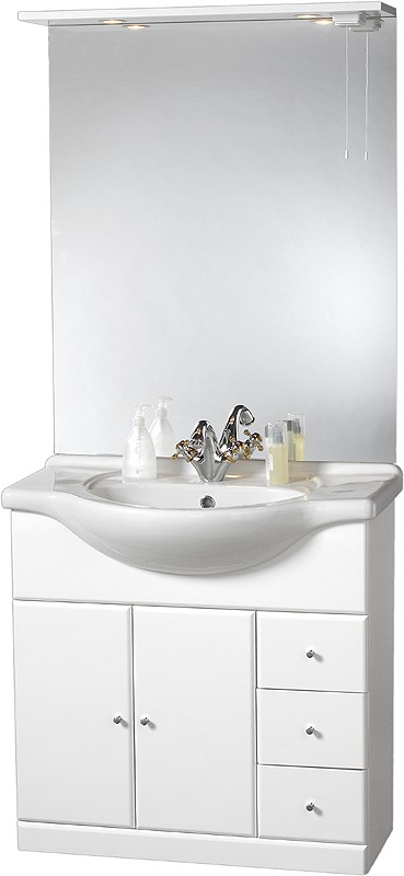 Larger image of daVinci 850mm Contour Vanity Unit with ceramic basin, mirror and lights.