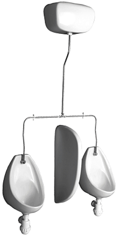 Example image of Shires Emerald urinal pack with 2 urinal bowls, divider and auto cistern.