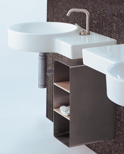 Larger image of Flame 1 Tap Hole Round Wall Hung Basin With Shelf Unit. 635 x 490mm.