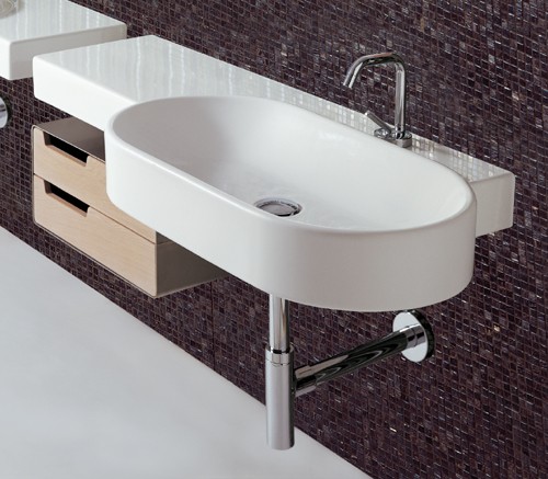 Larger image of Flame 1 Tap Hole Long Oval Wall Hung Basin With Drawer Unit. 1130 x 500mm.