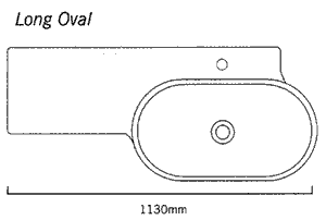 Technical image of Flame 1 Tap Hole Long Oval Wall Hung Basin With Drawer Unit. 1130 x 500mm.