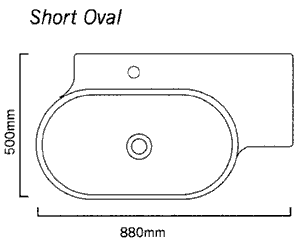 Technical image of Flame 1 Tap Hole Oval Wall Hung Basin. 880 x 500mm.