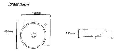 Technical image of Flame Corner Wall Hung Basin With 1 Tap Hole. 495 x 495mm.