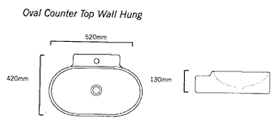 Technical image of Flame 1 Tap Hole Oval Wall Hung Basin. 520 x 420mm.