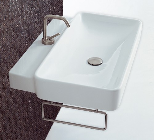 Larger image of Flame 1 Tap Hole Rectangle Wall Hung Basin With Rail. 690x500mm.