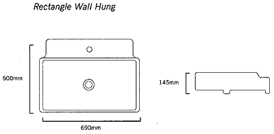 Technical image of Flame 1 Tap Hole Rectangle Wall Hung Basin With Rail. 690x500mm.