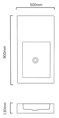 Technical image of Frozen Basin with no tap holes. 900 x 500mm. Stand not included.