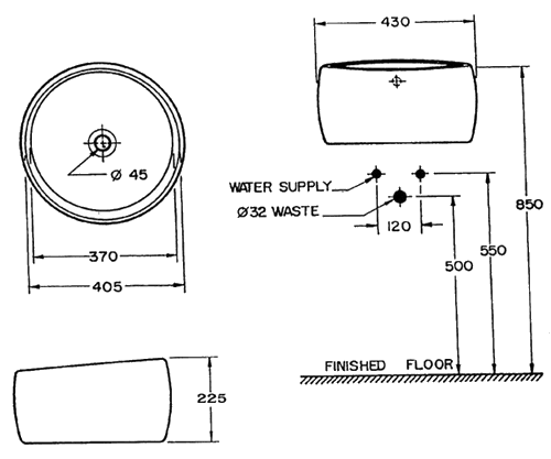 Technical image of Ofuro Basin with tray for counter top. 510 x 510mm. 430m diameter.