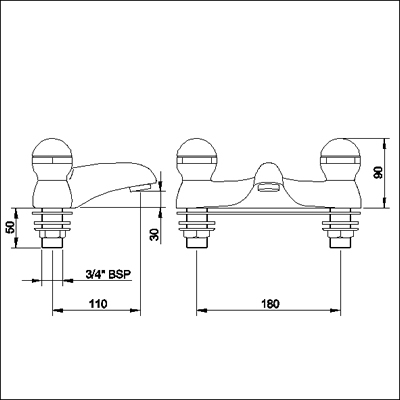 Technical image of Jupiter 3/4" Bath filler (ceramic valves)