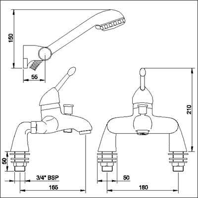 Technical image of Ultra Pacific Single lever Bath Shower mixer including kit