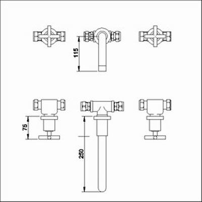 Technical image of Ultra Helix X head 3 tap hole wall mounted bath mixer tap