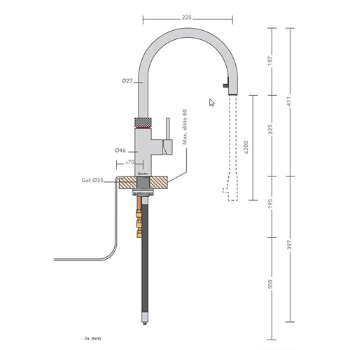 Technical image of Quooker Flex 3 In 1 Boiling Water Kitchen Tap. COMBI (Stainless Steel).