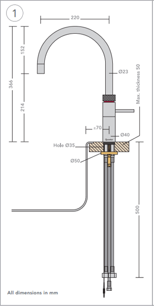 Technical image of Quooker Fusion Round Boiling Water Kitchen Tap. PRO7 (Patinated Brass).