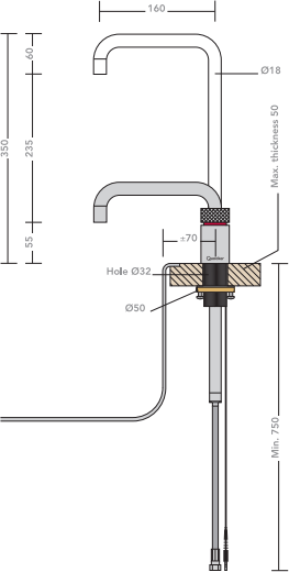 Technical image of Quooker Nordic Square Boiling Water Tap & Drip Tray. PRO3 (B Chrome).