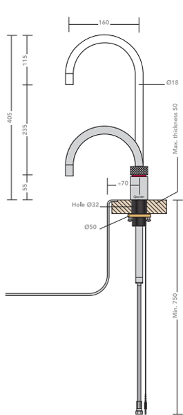 Technical image of Quooker Nordic Round Boiling Water Kitchen Tap. PRO11 (Polished Chrome).