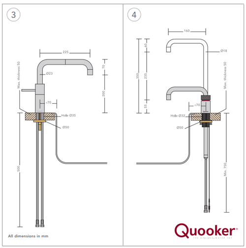 Technical image of Quooker Nordic Square Twintaps Instant Boiling Tap. COMBI (Polished Chrome).